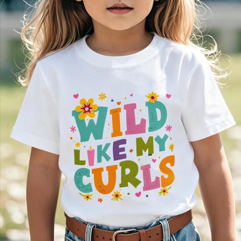 PUEMCO Girls' Cotton Graphic Tees - 2-3y,4-5y,5-6y,6-7y Sizes, 3-4 Years Short Sleeves Scoop Neck Top, Retro Multicolor Bubble Letters Daisy Heart Confetti Print, Wild Like My Curls Curly Hair Pride Casual Outfit, Confidence Gift