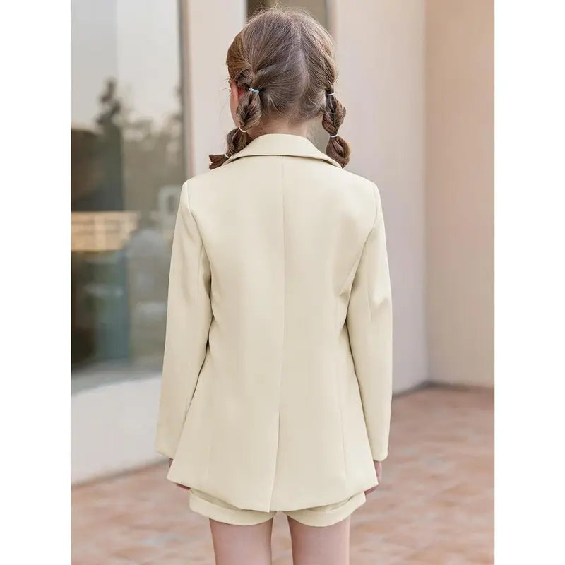 Girls 2 Piece Outfits Button Front Long Sleeve Blazer and Short Pants Suit Sets 4-14 Years