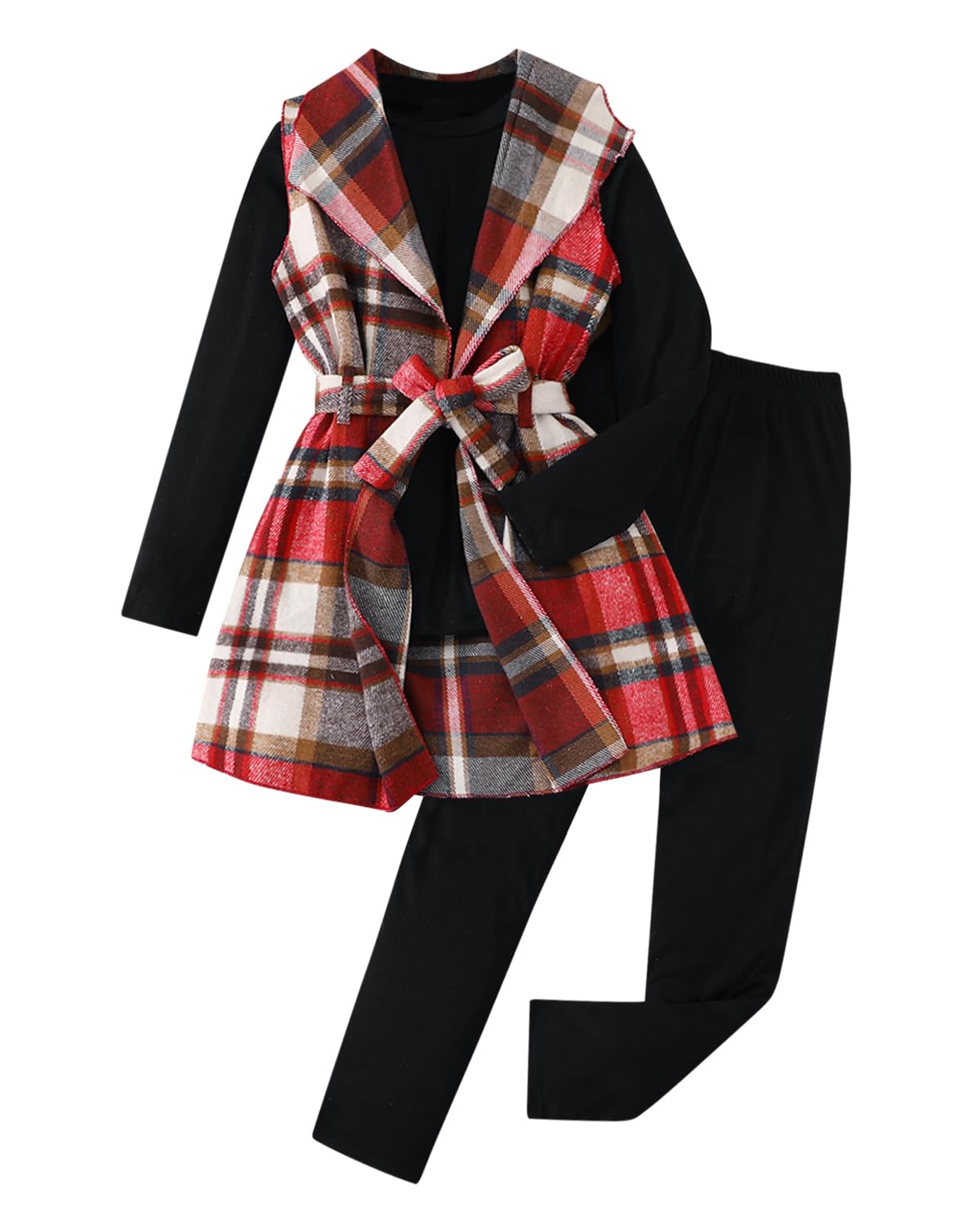 Tween Girls Clothes 3 Piece Outfits Plaid Flannel Belted Vest & Long Sleeve Top and Pants- Fall Clothing Sets
