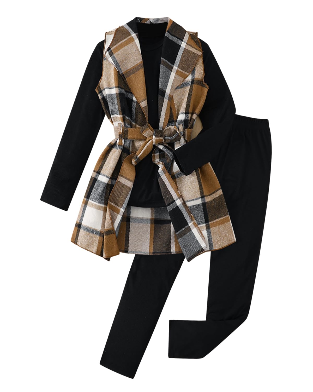 Tween Girls Clothes 3 Piece Outfits Plaid Flannel Belted Vest & Long Sleeve Top and Pants- Fall Clothing Sets