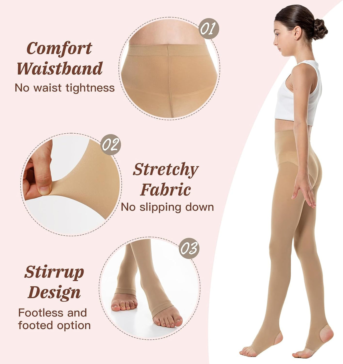 MANZI 2 Pairs Girl's Stirrup Dance Tights Convertible Transition Todder Ballet Tights 40D