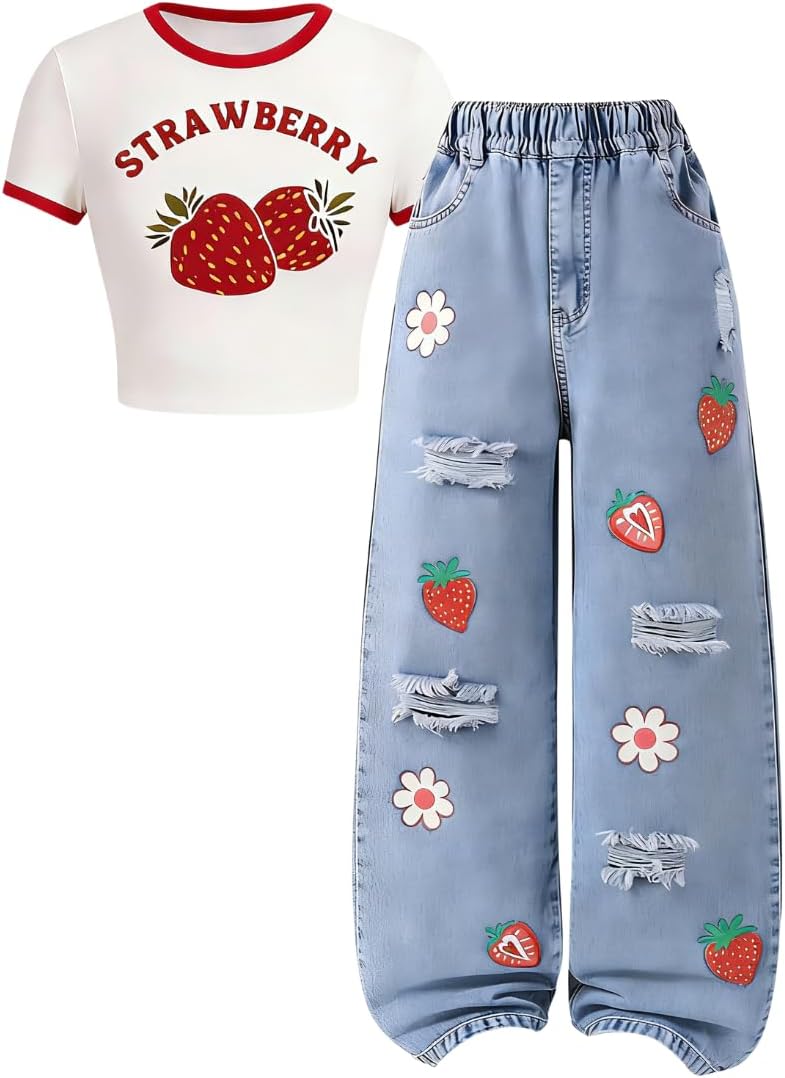 Azmxynol Tween Girl Clothes Short Sleeve Top + Butterfly Design Jeans 2 Pieces Spring Summer Outfit Set, Size 6-16 Years