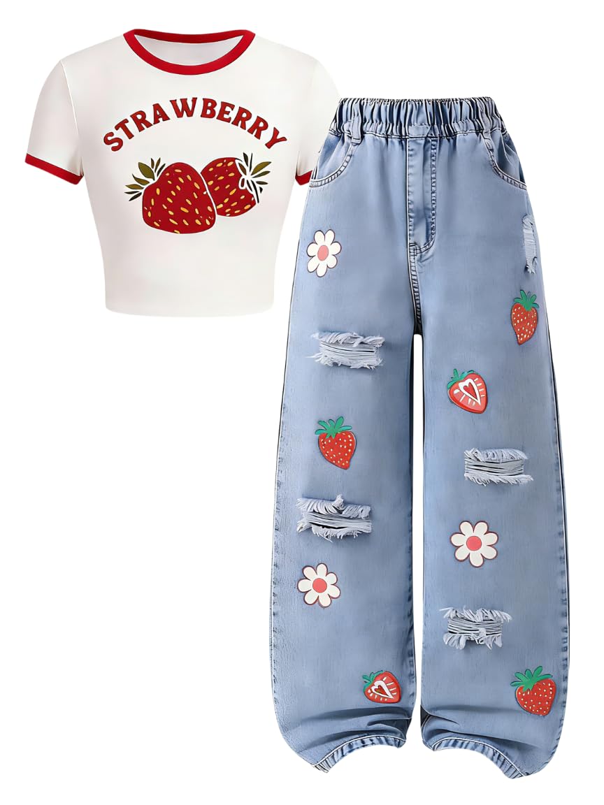 Azmxynol Tween Girl Clothes Short Sleeve Top + Butterfly Design Jeans 2 Pieces Spring Summer Outfit Set, Size 6-16 Years