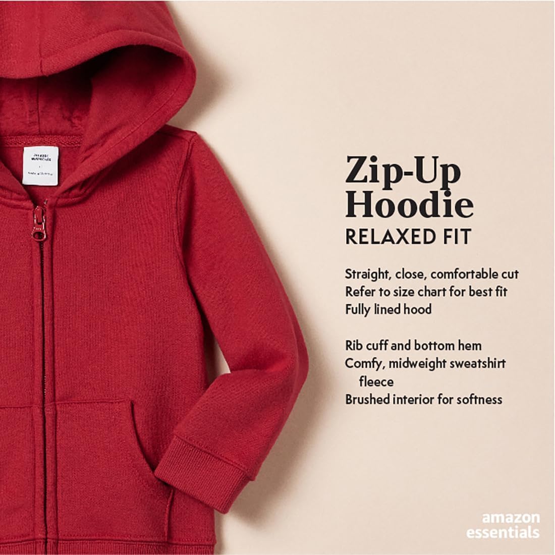 Amazon Essentials Girls and Toddlers' Fleece Zip-Up Hooded Sweatshirt with Lined Hood and Rib Knit Detail