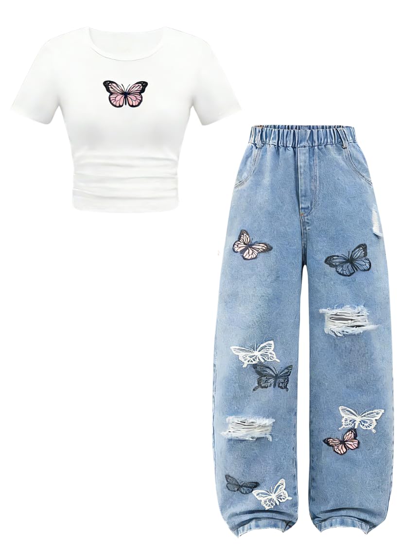 Azmxynol Tween Girl Clothes Short Sleeve Top + Butterfly Design Jeans 2 Pieces Spring Summer Outfit Set, Size 6-16 Years