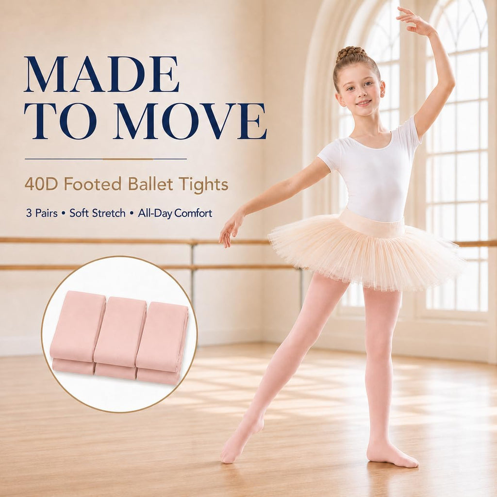 Citystl Ballet Tights for Girls - 3 Pairs, Multiple Colors, Cotton School Dress Tights