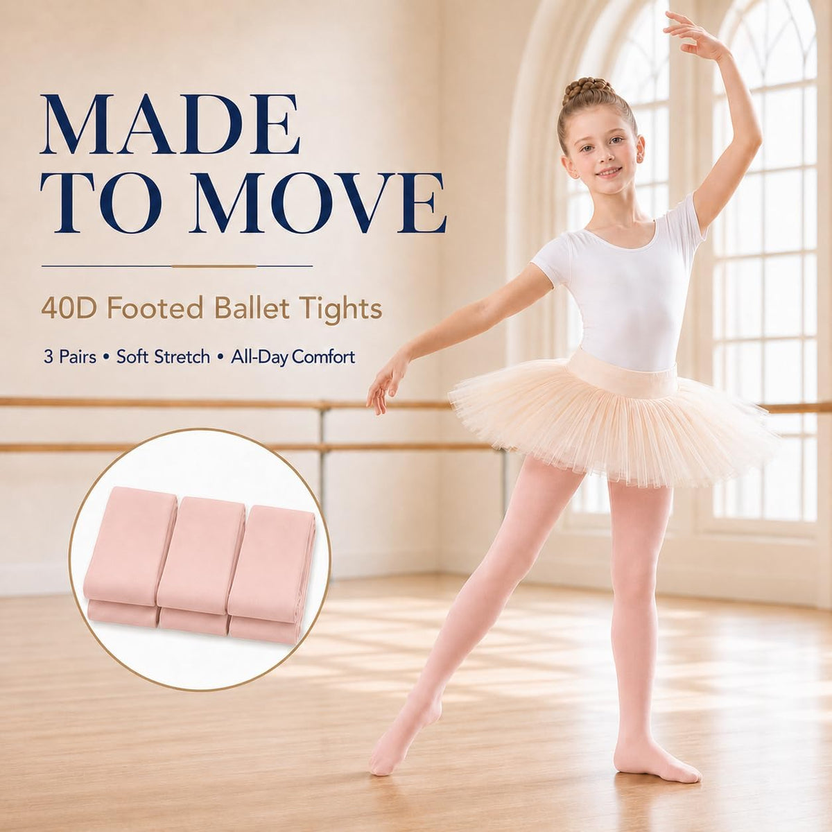 Citystl Ballet Tights for Girls - 3 Pairs, Multiple Colors, Cotton School Dress Tights