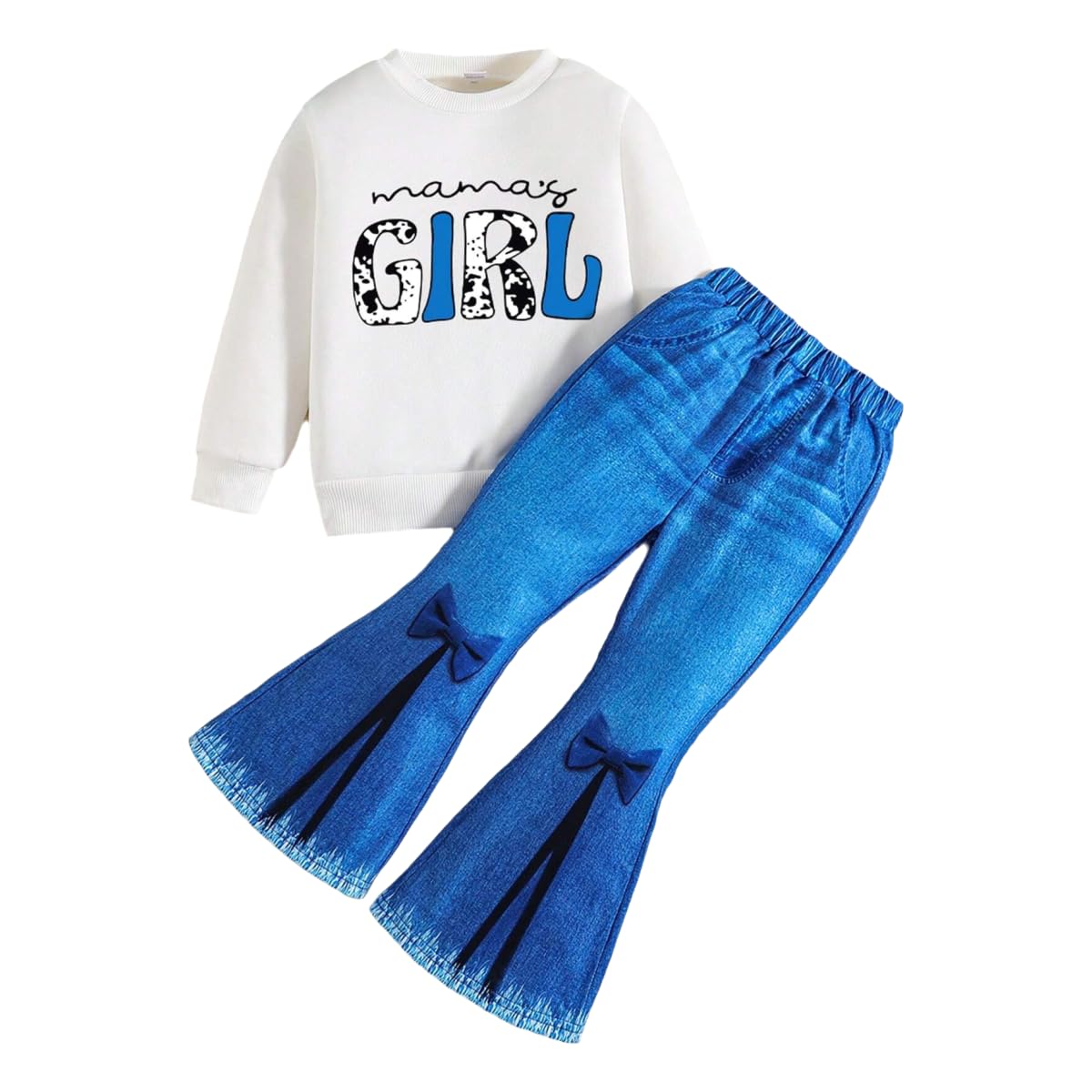 Toddler Girl Clothes Long Sleeve Cartoon & Letter Graphic Top + Fruit Stationery Print Flared Leg Pants
