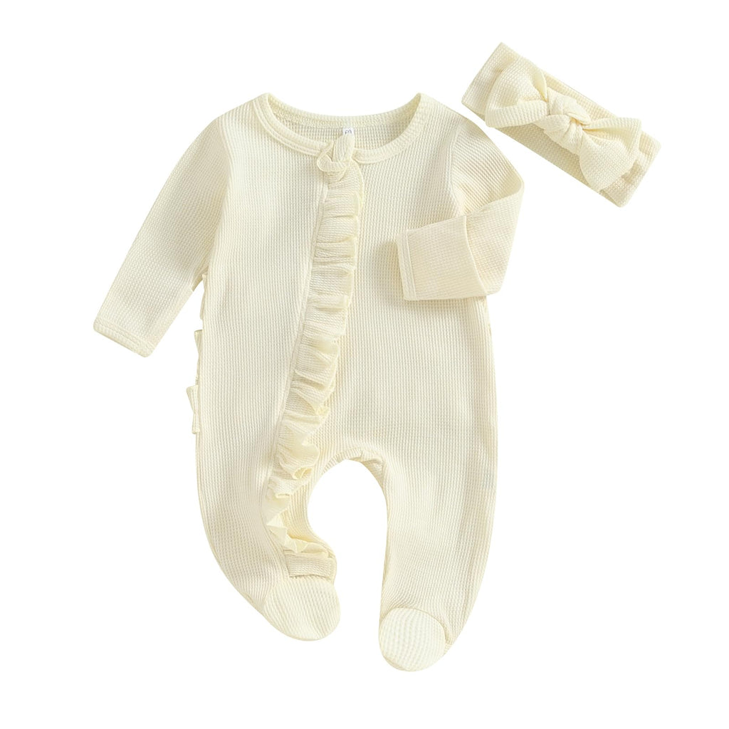 allshope Infant Baby Girl Fall Outfit Romper Footies Solid Color Frills Ruffle Trim Jumpsuit Bodysuits Newborn Winter Clothes