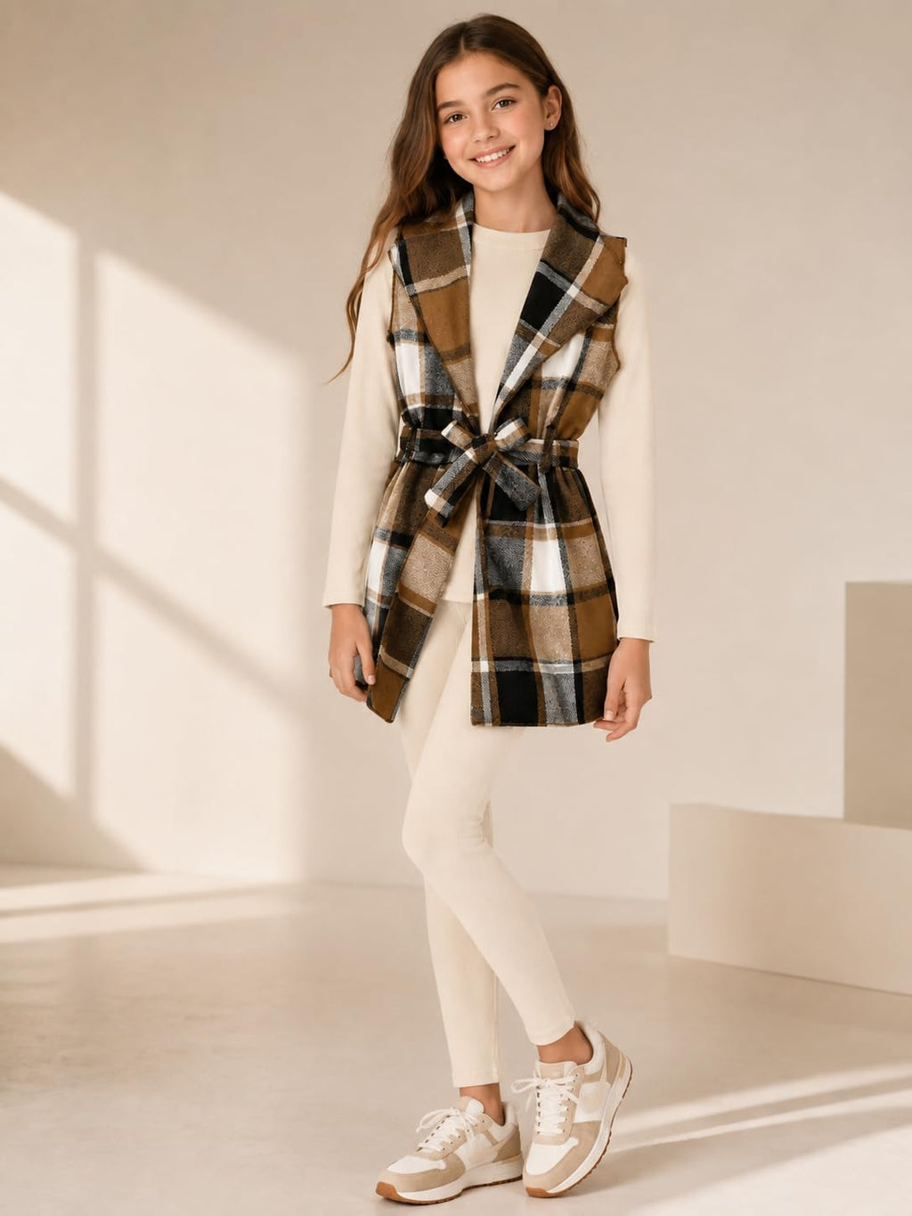 Tween Girls Clothes 3 Piece Outfits Plaid Flannel Belted Vest & Long Sleeve Top and Pants- Fall Clothing Sets