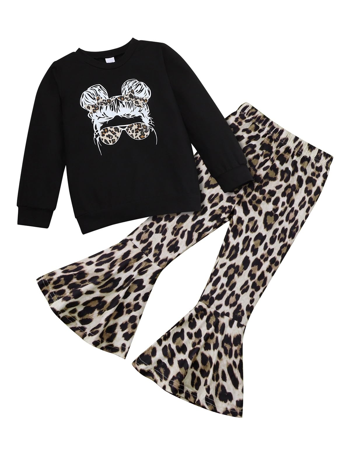 Toddler Girl Clothes Long Sleeve Cartoon & Letter Graphic Top + Fruit Stationery Print Flared Leg Pants