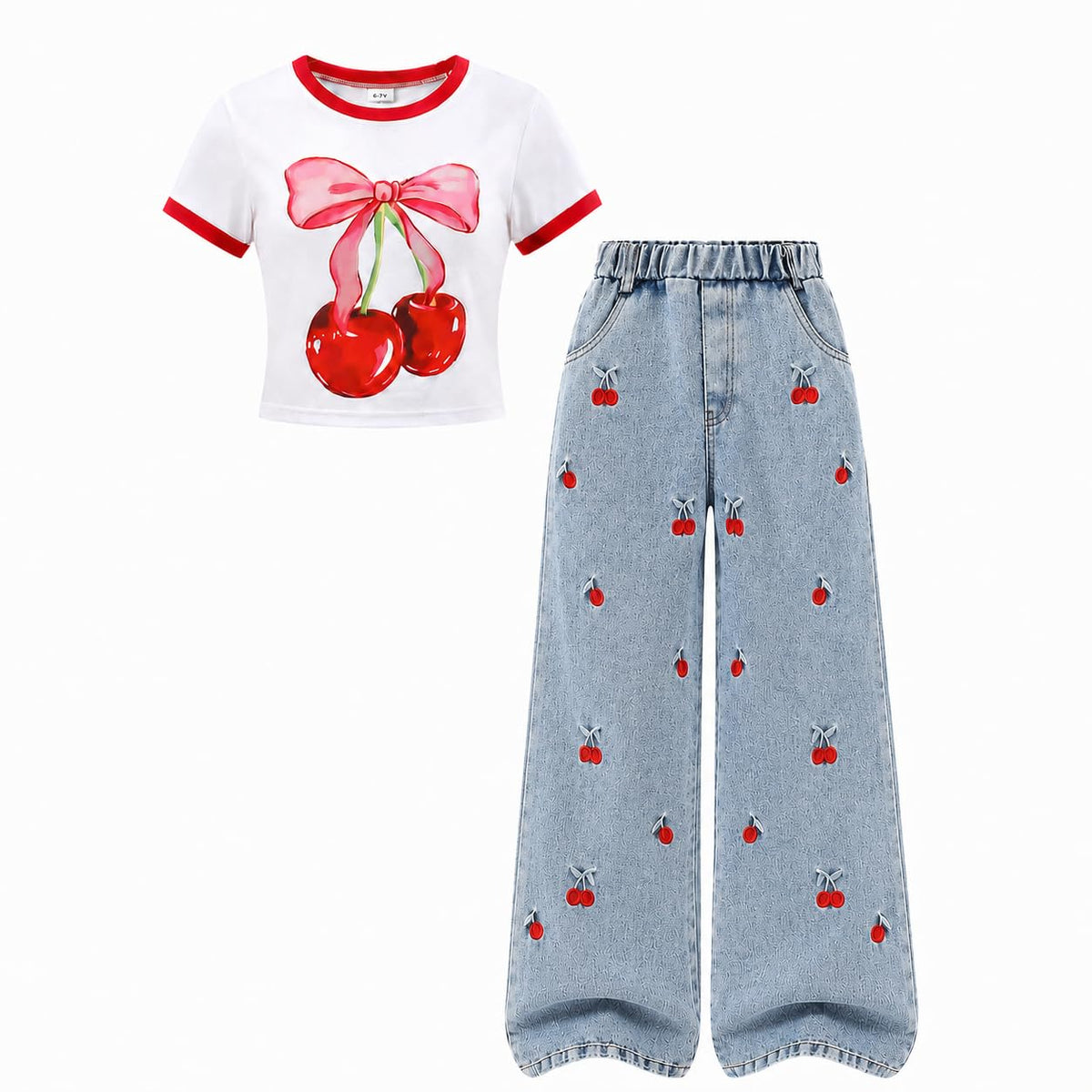 Azmxynol Tween Girl Clothes Short Sleeve Top + Butterfly Design Jeans 2 Pieces Spring Summer Outfit Set, Size 6-16 Years