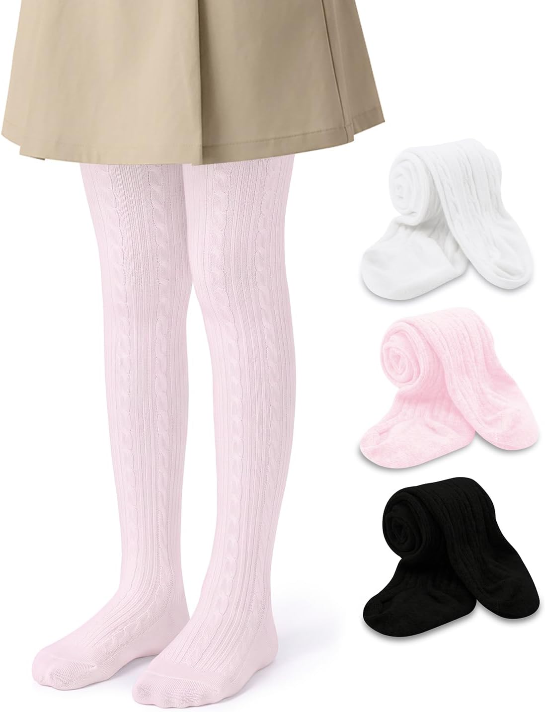 Century Star 3 Pack Girls Cable Knit Cotton Tights - Warm Leggings Footed Seamless Stockings Pantyhose for School Dance