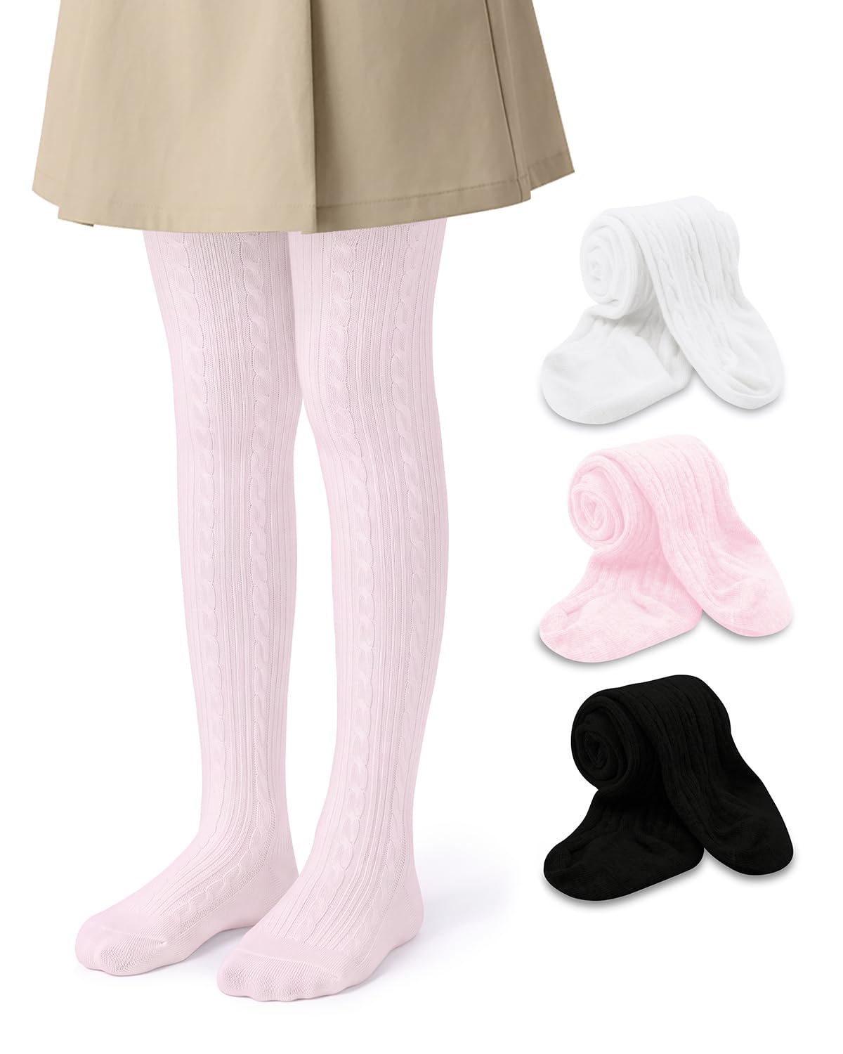 Century Star 3 Pack Girls Cable Knit Cotton Tights - Warm Leggings Footed Seamless Stockings Pantyhose for School Dance