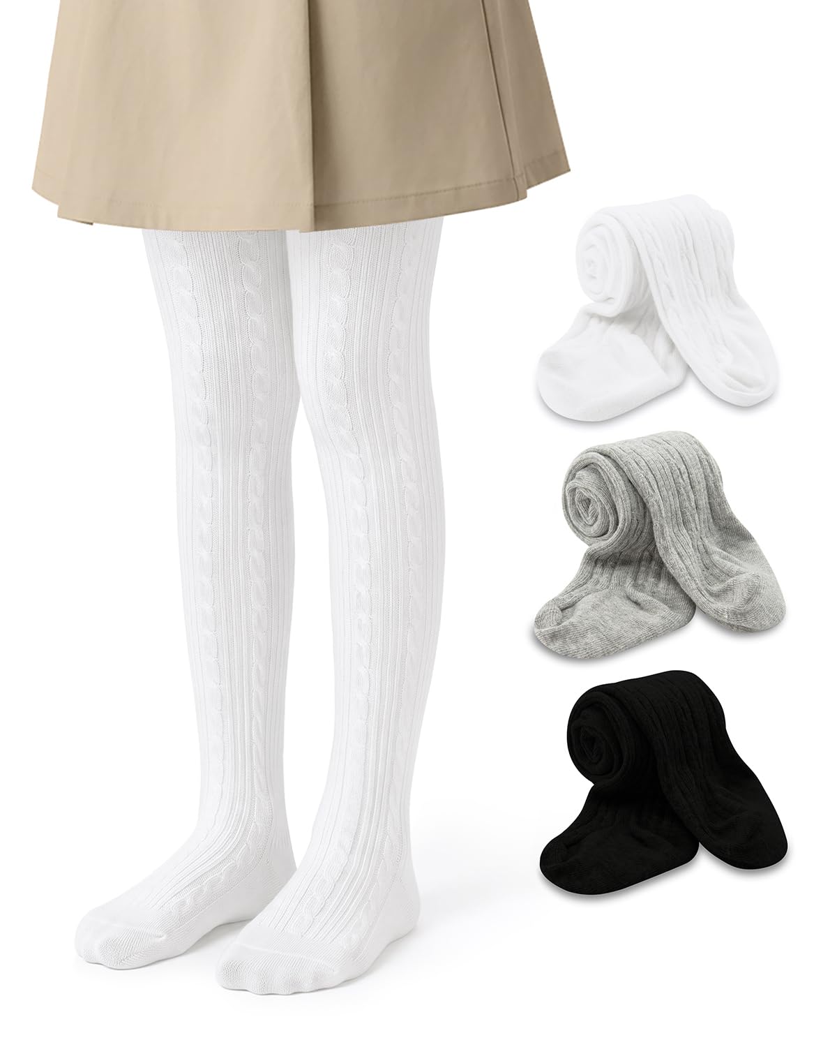 Century Star 3 Pack Girls Cable Knit Cotton Tights - Warm Leggings Footed Seamless Stockings Pantyhose for School Dance