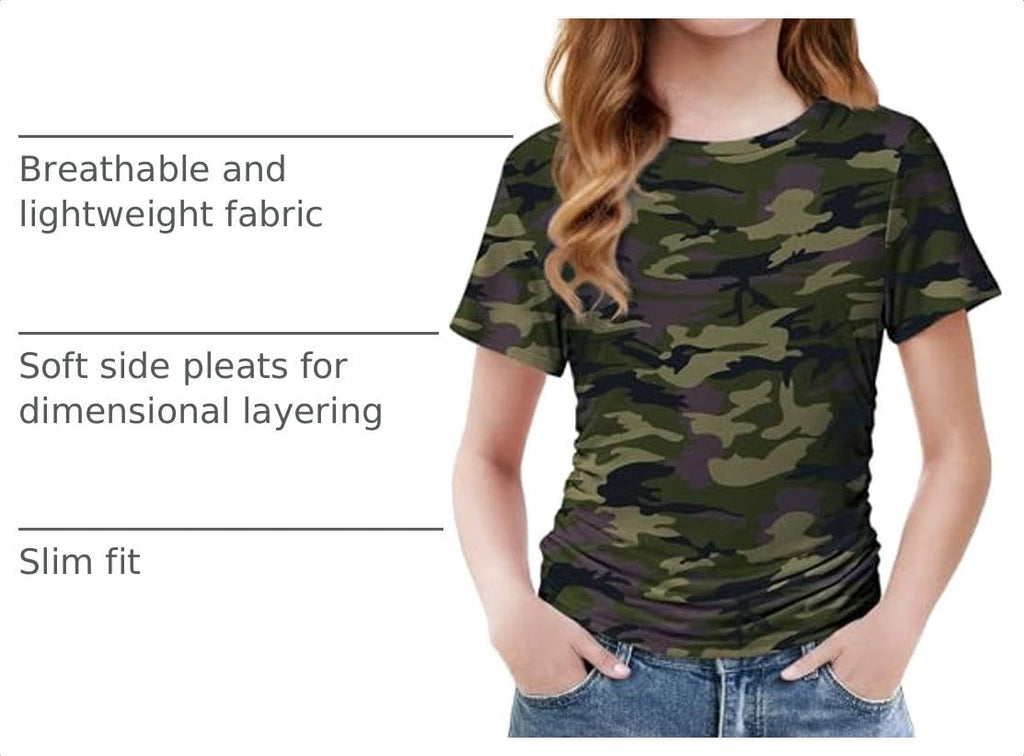 Arshiner Girls Shirts Side Ruched Short Sleeve Crewneck Tops Tee 5-12 Years