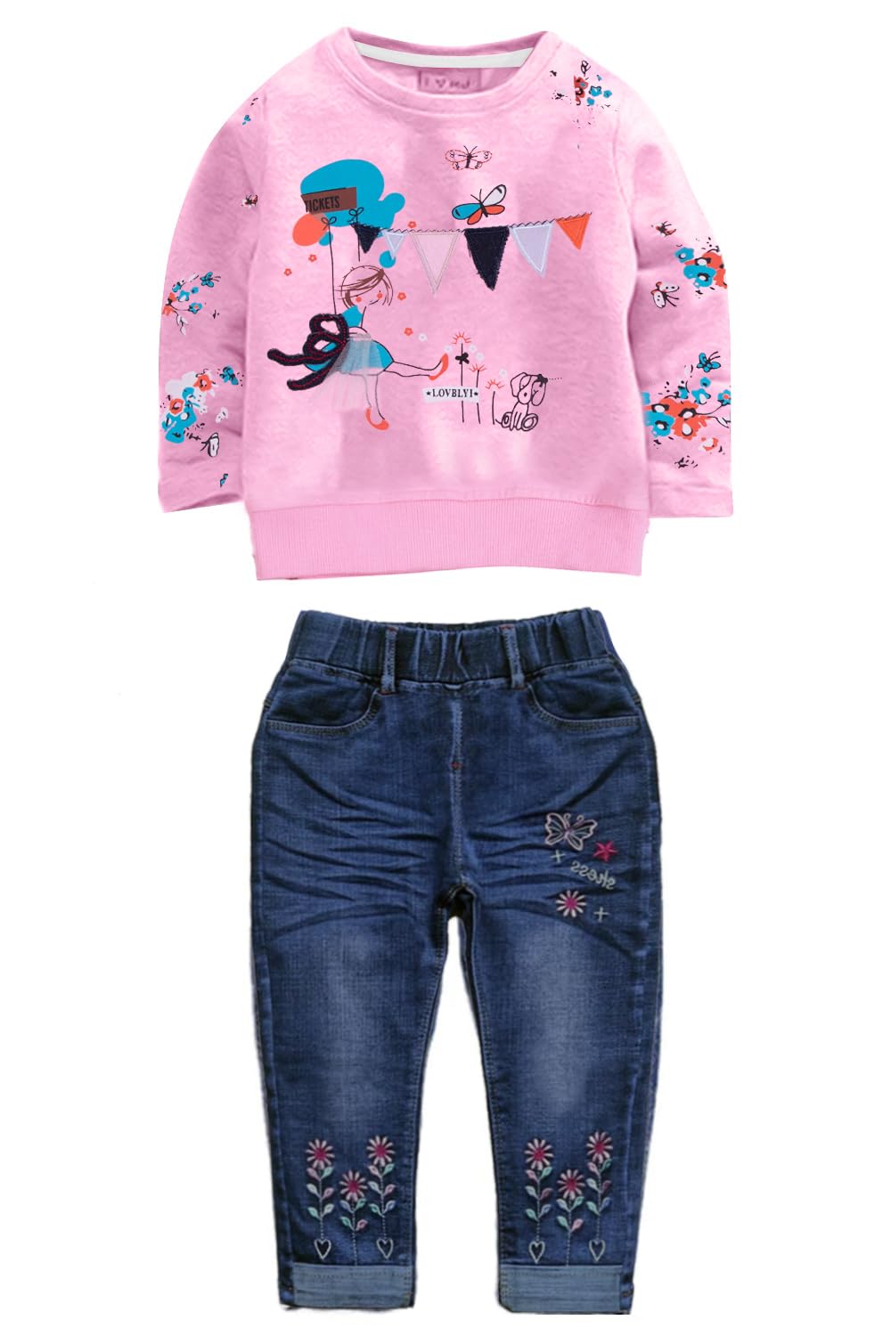 Toddler Girl Clothes Baby Girl Long Sleeve Top + Jeans Pants with Pockets