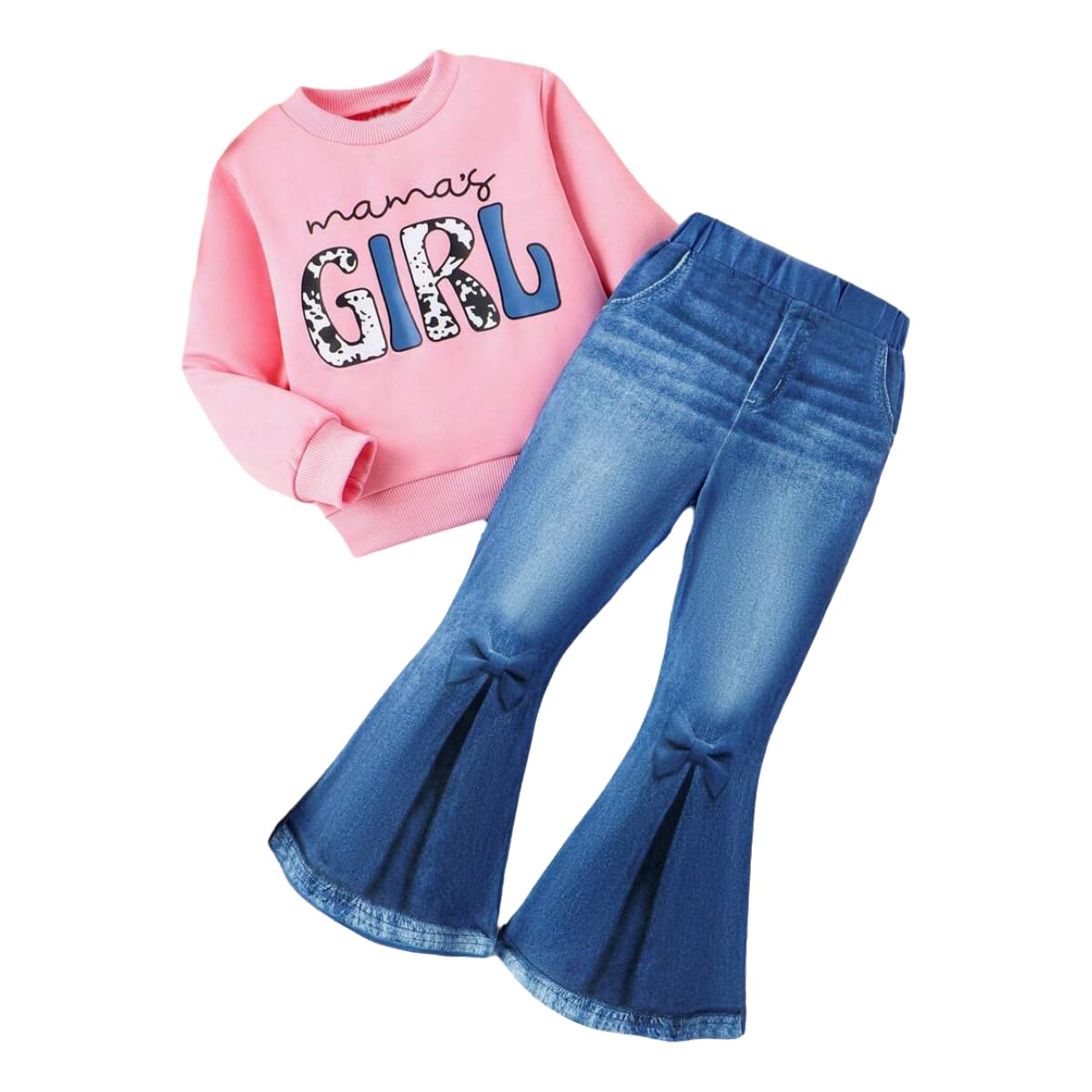 Toddler Girl Clothes Long Sleeve Cartoon & Letter Graphic Top + Fruit Stationery Print Flared Leg Pants