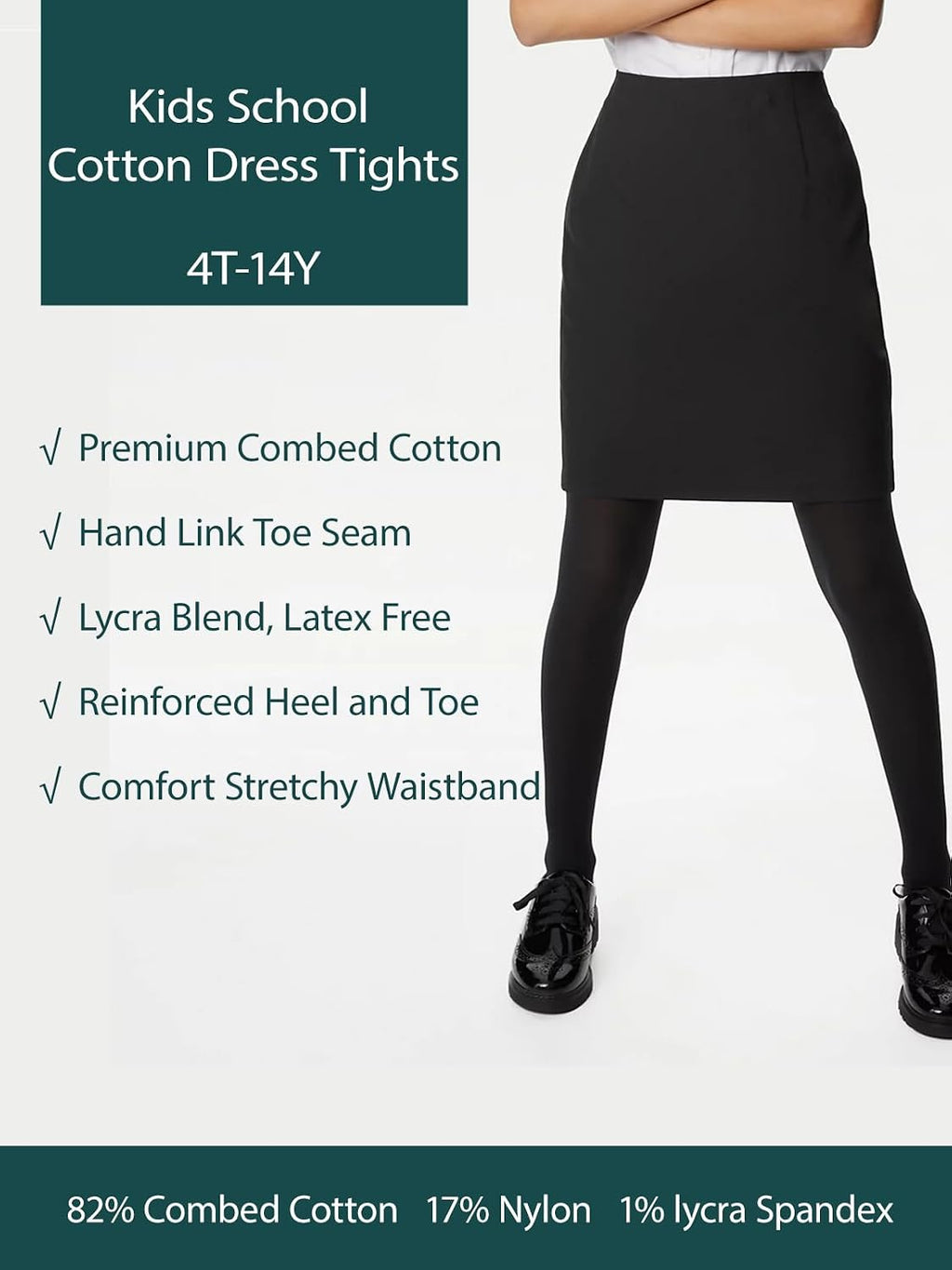 COTTON DAY Kids Girls School Dress Cotton Tights Black White Gray Navy