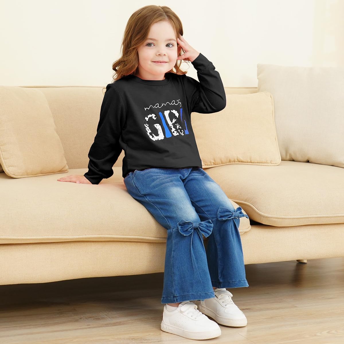 Toddler Girl Clothes Long Sleeve Cartoon & Letter Graphic Top + Fruit Stationery Print Flared Leg Pants