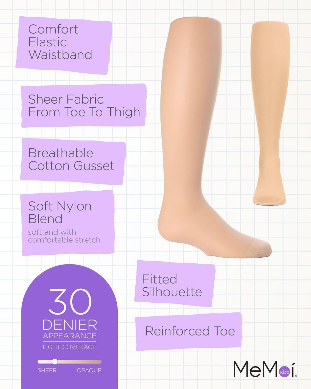 MeMoi Girls Soft Opaque Nylon Tights, Comfortable Footed Tights