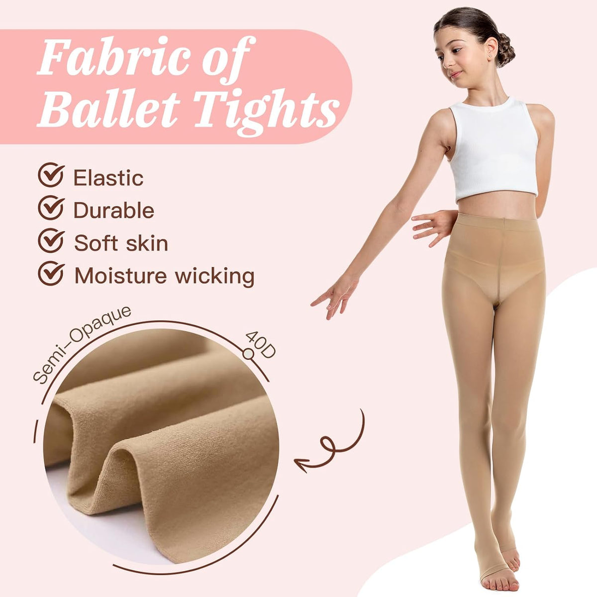 MANZI 2 Pairs Girl's Stirrup Dance Tights Convertible Transition Todder Ballet Tights 40D