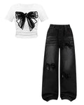 Azmxynol Tween Girl Clothes Short Sleeve Top + Butterfly Design Jeans 2 Pieces Spring Summer Outfit Set, Size 6-16 Years