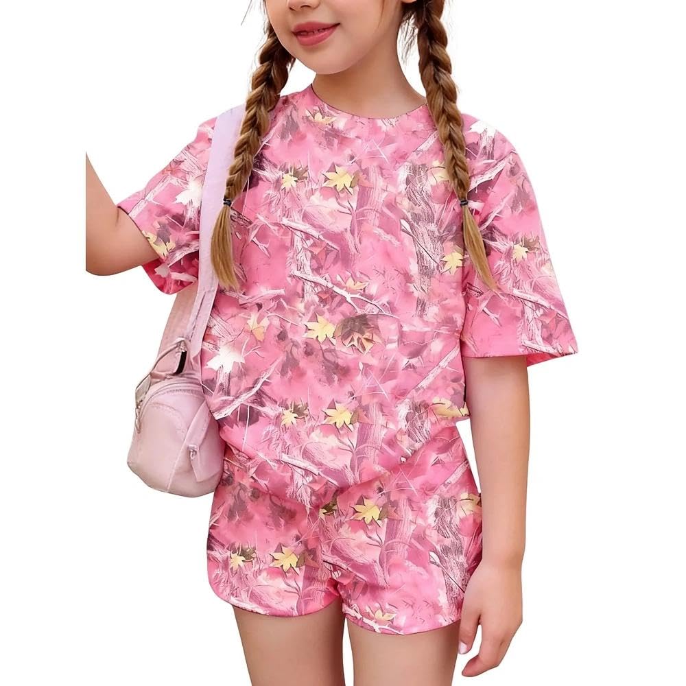 2026 6-12 Years Old Girls 2Pcs Spring Summer Outfits Set Crew Neck Short Sleeve Tops with Pocket Tie-Dye Shorts