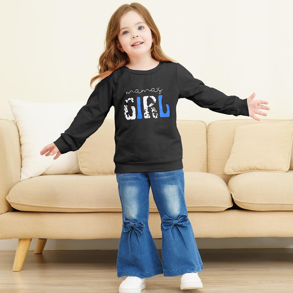Toddler Girl Clothes Long Sleeve Cartoon & Letter Graphic Top + Fruit Stationery Print Flared Leg Pants