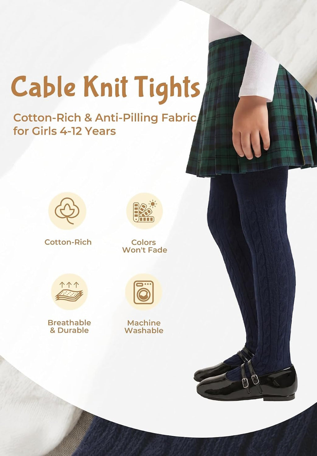 Zando Girls Cable Knit Tights 4-12 Years Kids Cotton Warm Stocking Leggings