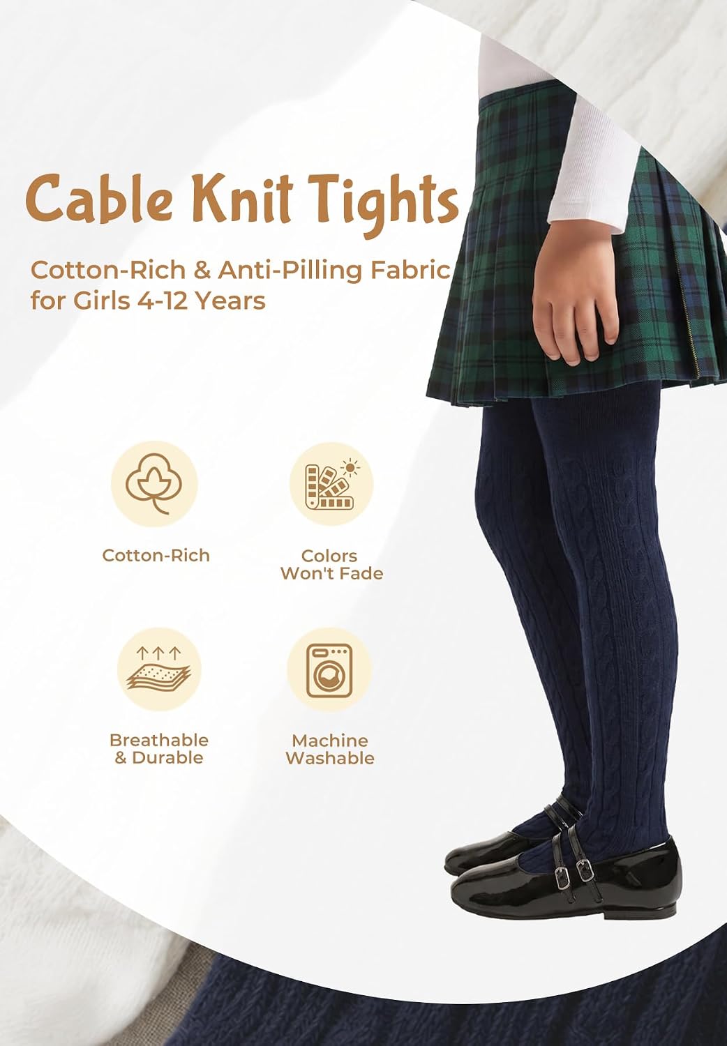 Zando Girls Cable Knit Tights 4-12 Years Kids Cotton Warm Stocking Leggings