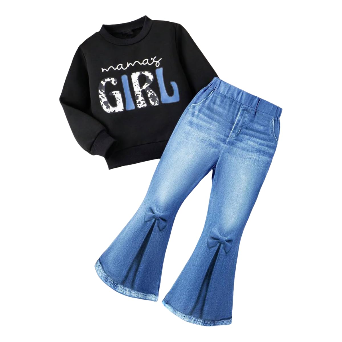 Toddler Girl Clothes Long Sleeve Cartoon & Letter Graphic Top + Fruit Stationery Print Flared Leg Pants