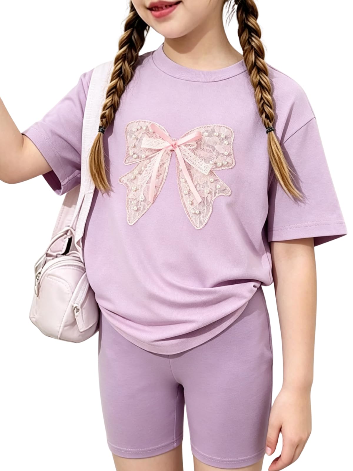 2026 6-12 Years Old Girls 2Pcs Spring Summer Outfits Set Crew Neck Short Sleeve Tops with Pocket Tie-Dye Shorts