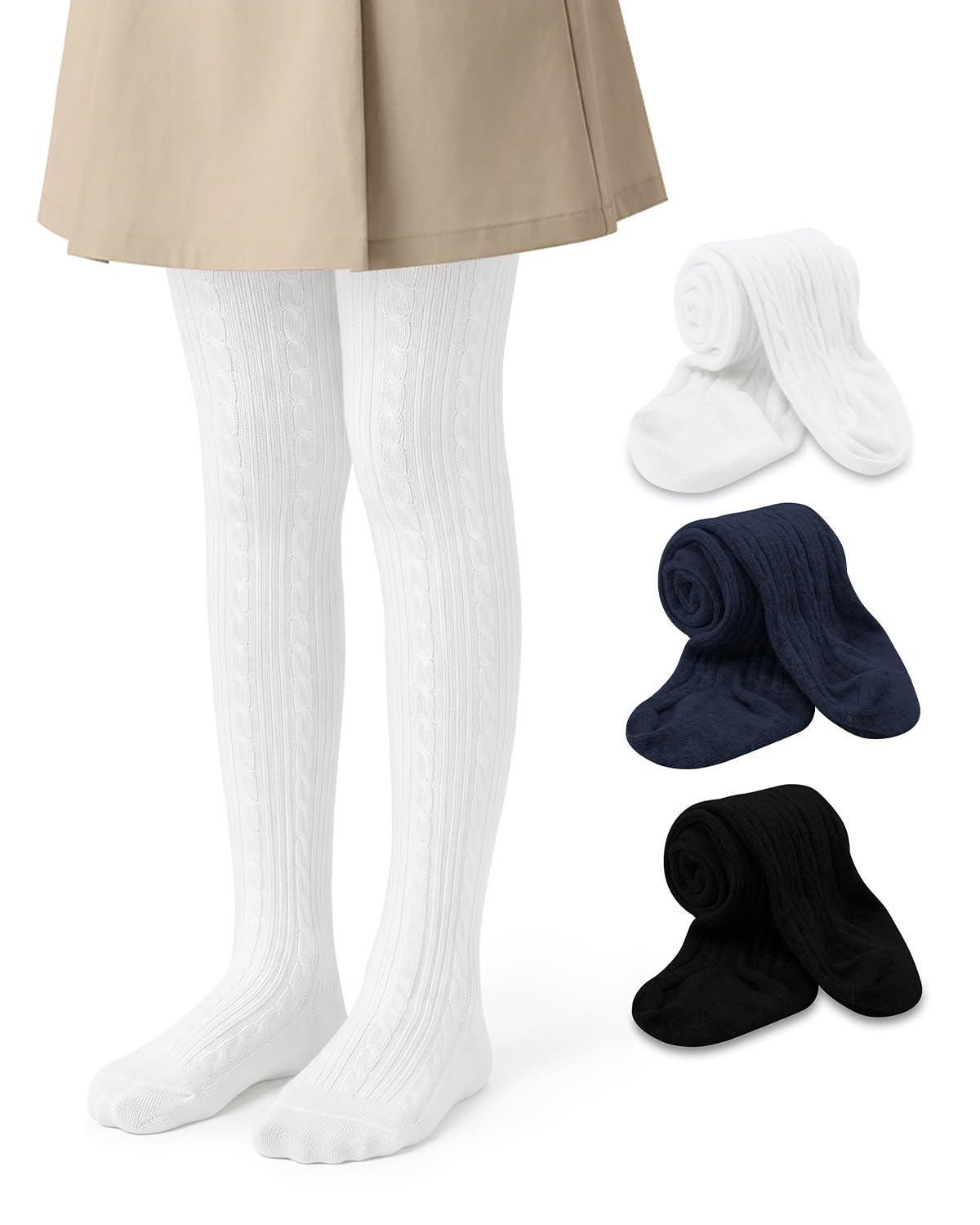 Century Star 3 Pack Girls Cable Knit Cotton Tights - Warm Leggings Footed Seamless Stockings Pantyhose for School Dance