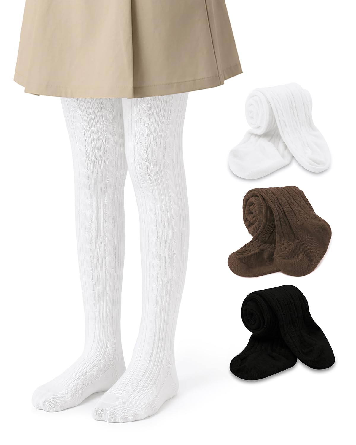 Century Star 3 Pack Girls Cable Knit Cotton Tights - Warm Leggings Footed Seamless Stockings Pantyhose for School Dance