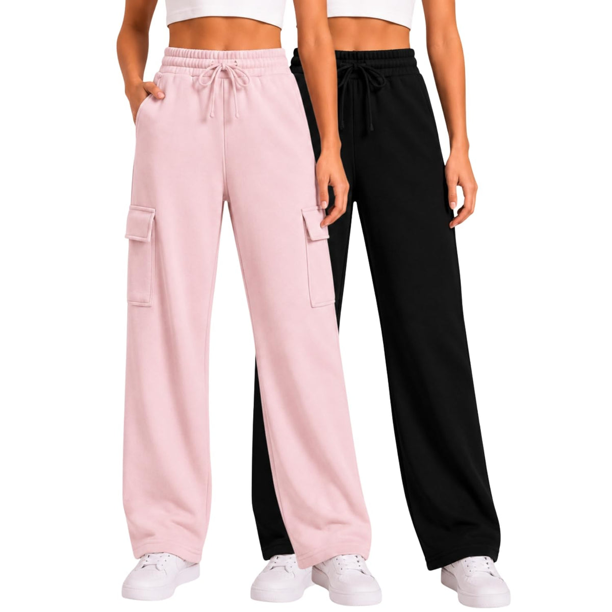 Forever 21 Girls 2-Pack Wide Leg Cargo Fleece Sweatpants with Pockets, 4-16