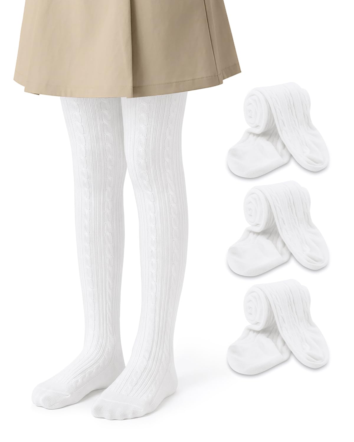Century Star 3 Pack Girls Cable Knit Cotton Tights - Warm Leggings Footed Seamless Stockings Pantyhose for School Dance