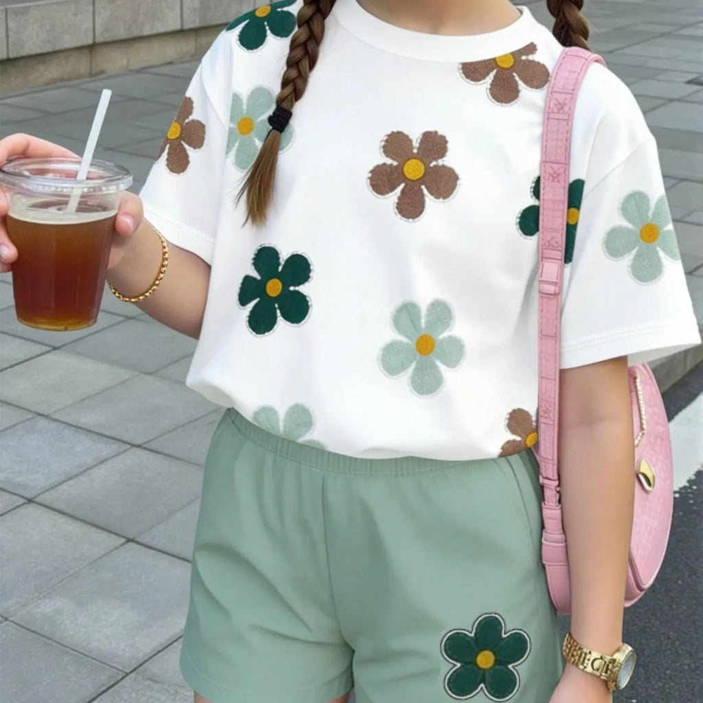 Summer Freshness Mint Floral Girl, Summer Clothes Set, Casual Slim Fit Top & Shorts Set, Breathable Comfort for Kids 4-12 Years