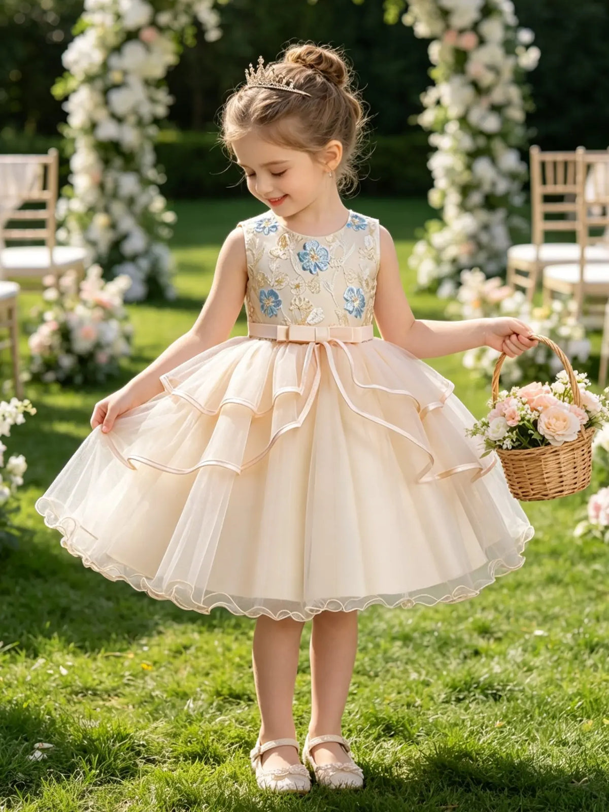 Girls' Flower Embroidery Belted Tulle Dress, Elegant Sleeveless Round Neck Formal  Dress for Party Wedding Guest, Kids Clothes for All Seasons