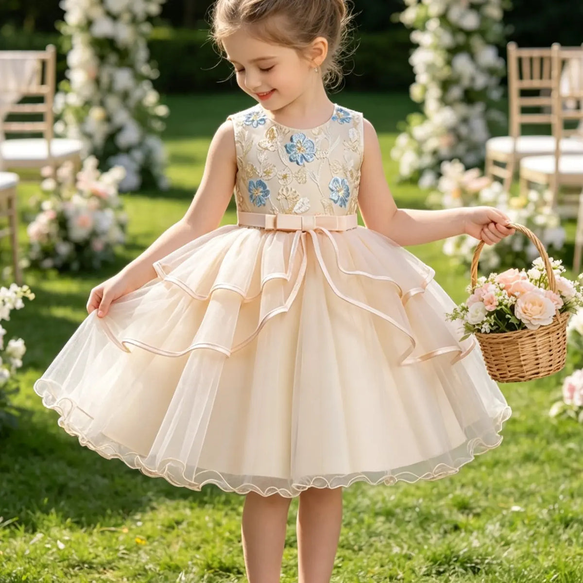 Girls' Flower Embroidery Belted Tulle Dress, Elegant Sleeveless Round Neck Formal  Dress for Party Wedding Guest, Kids Clothes for All Seasons