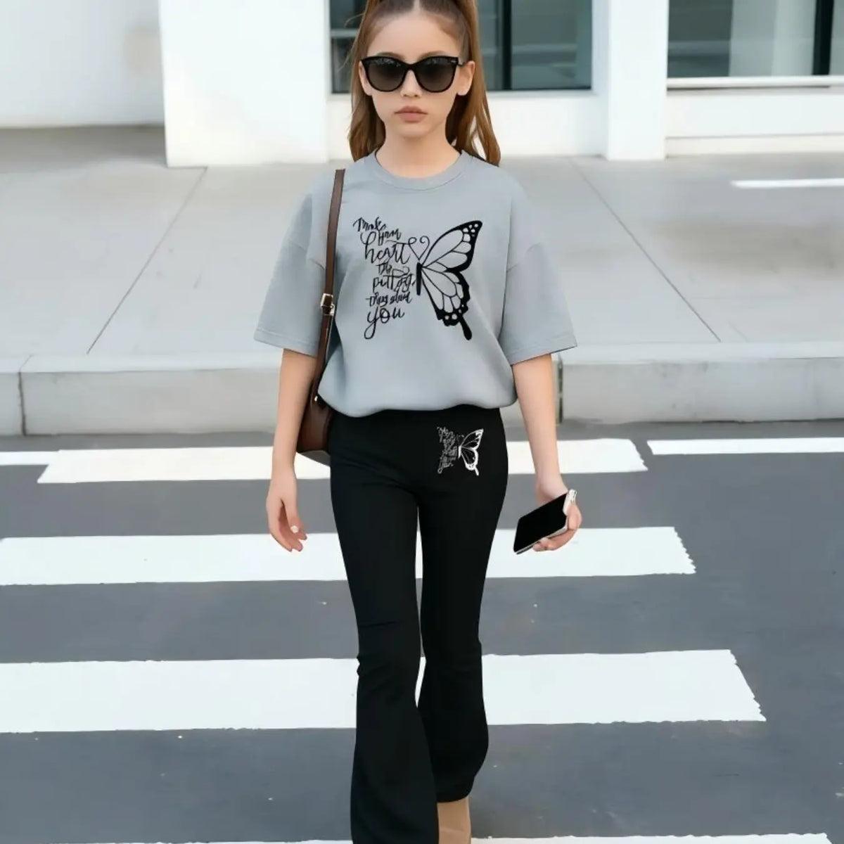 2pcs Girls' Summer Fashion Casual Lightweight Cartoon Print Drop Shoulder Short Sleeve T-Shirt + Elastic Bell Pants Summer Clothes Set Outfit, Cute Fitted for All Seasons