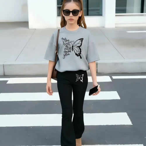 2pcs Girls' Summer Fashion Casual Lightweight Cartoon Print Drop Shoulder Short Sleeve T-Shirt + Elastic Bell Pants Summer Clothes Set Outfit, Cute Fitted for All Seasons