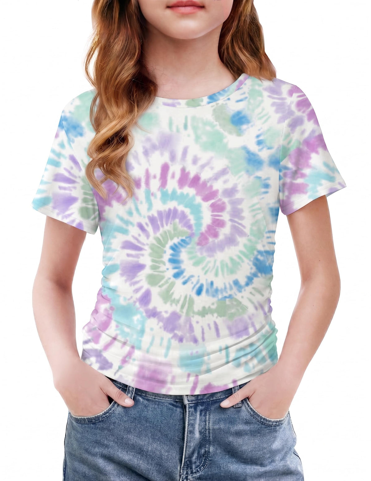 Arshiner Girls Shirts Side Ruched Short Sleeve Crewneck Tops Tee 5-12 Years