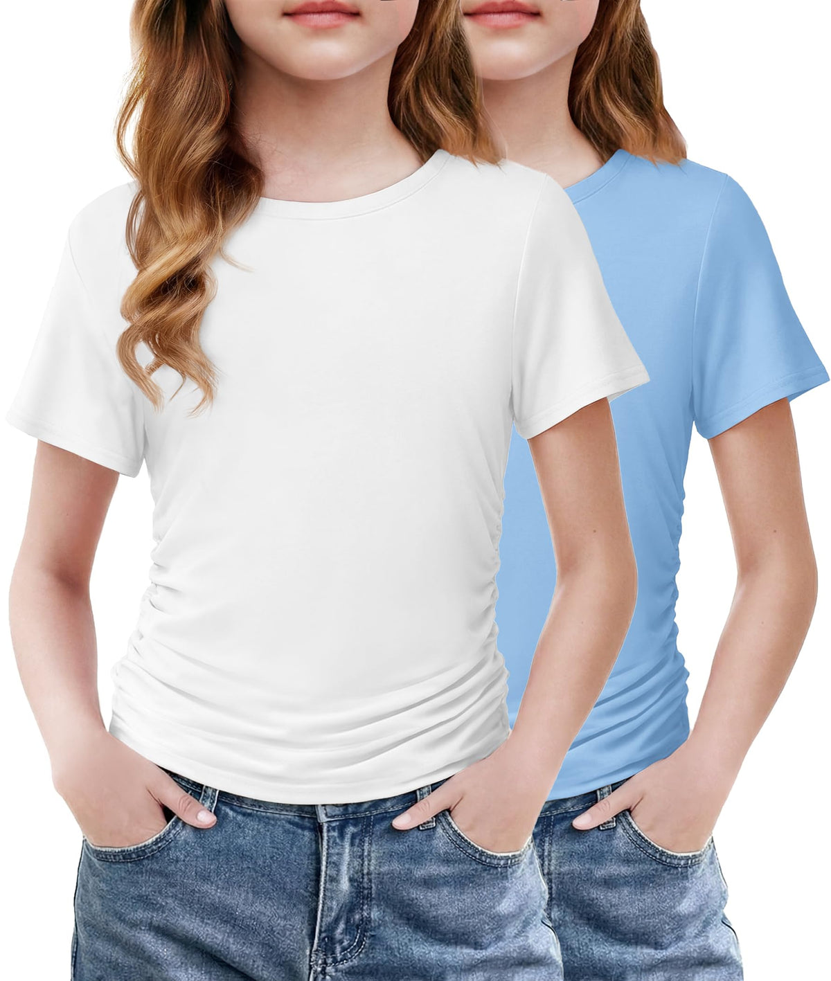 Arshiner Girls Shirts Side Ruched Short Sleeve Crewneck Tops Tee 5-12 Years