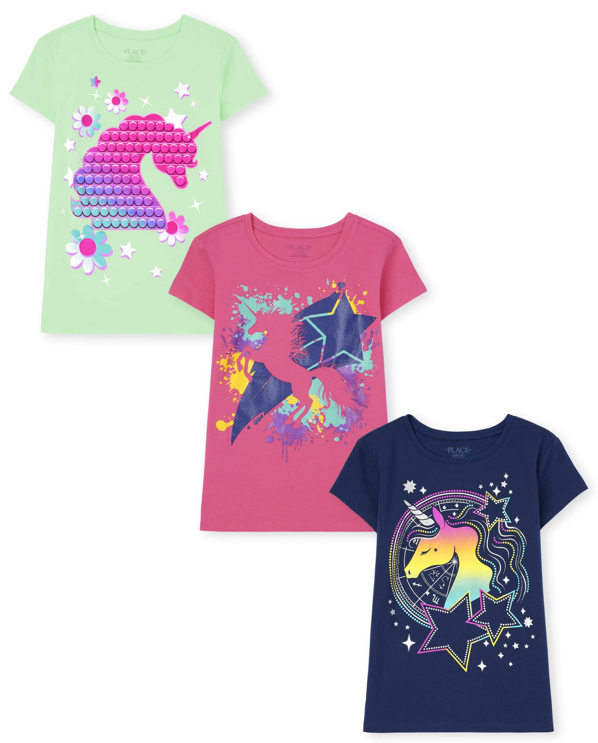The Children's Place Girls' Unicorns,Butterfly Short Sleeve Graphic T-Shirts,3 Pack