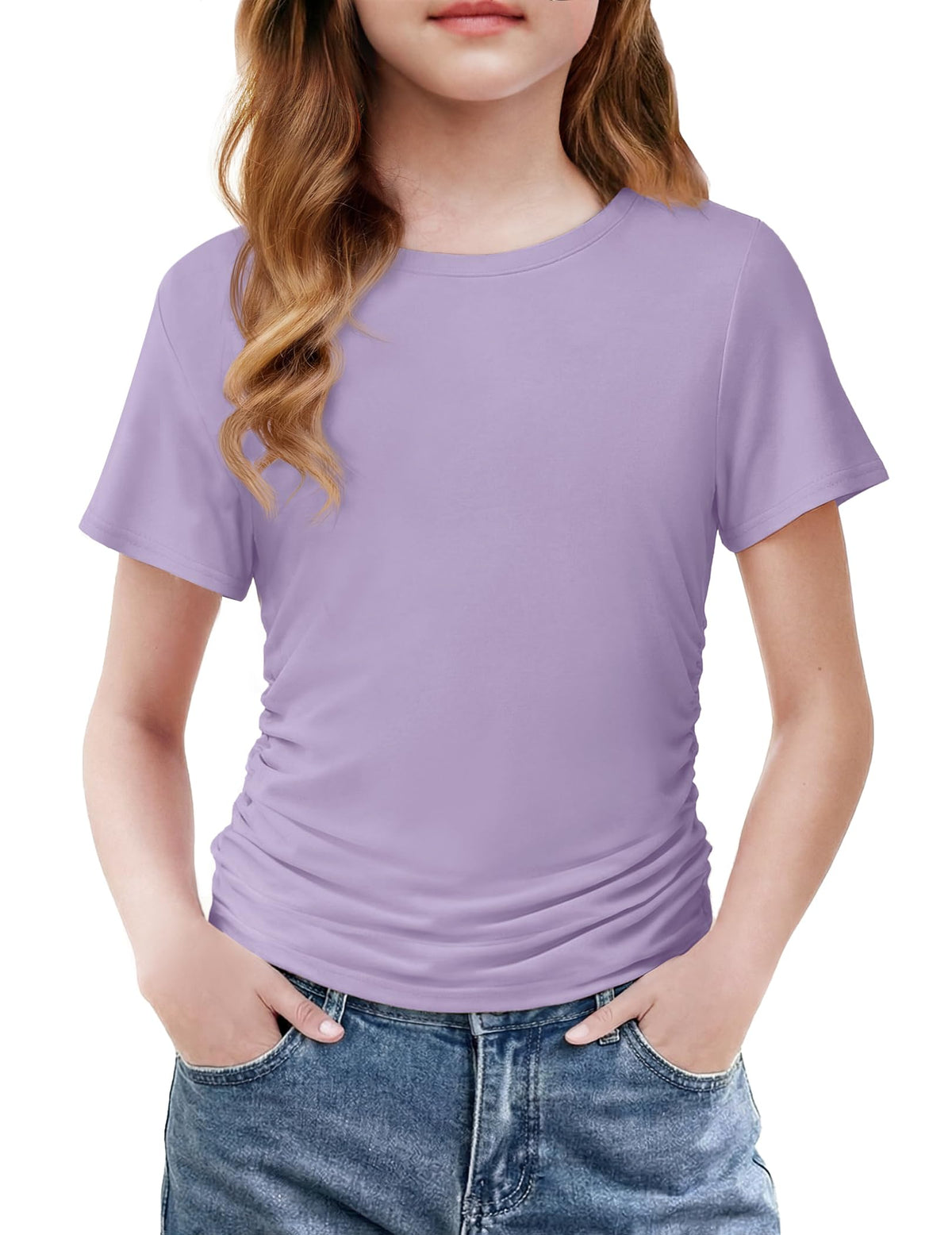 Arshiner Girls Shirts Side Ruched Short Sleeve Crewneck Tops Tee 5-12 Years