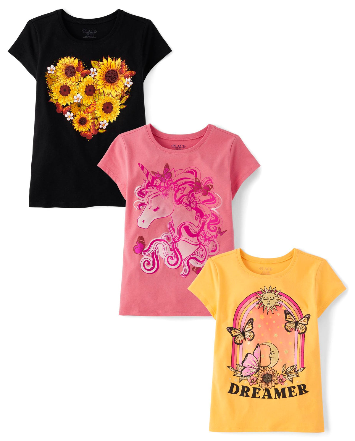 The Children's Place Girls' Unicorns,Butterfly Short Sleeve Graphic T-Shirts,3 Pack