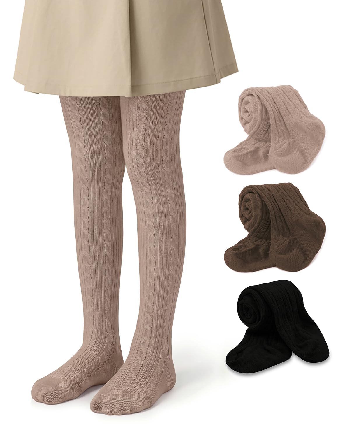 Century Star 3 Pack Girls Cable Knit Cotton Tights - Warm Leggings Footed Seamless Stockings Pantyhose for School Dance