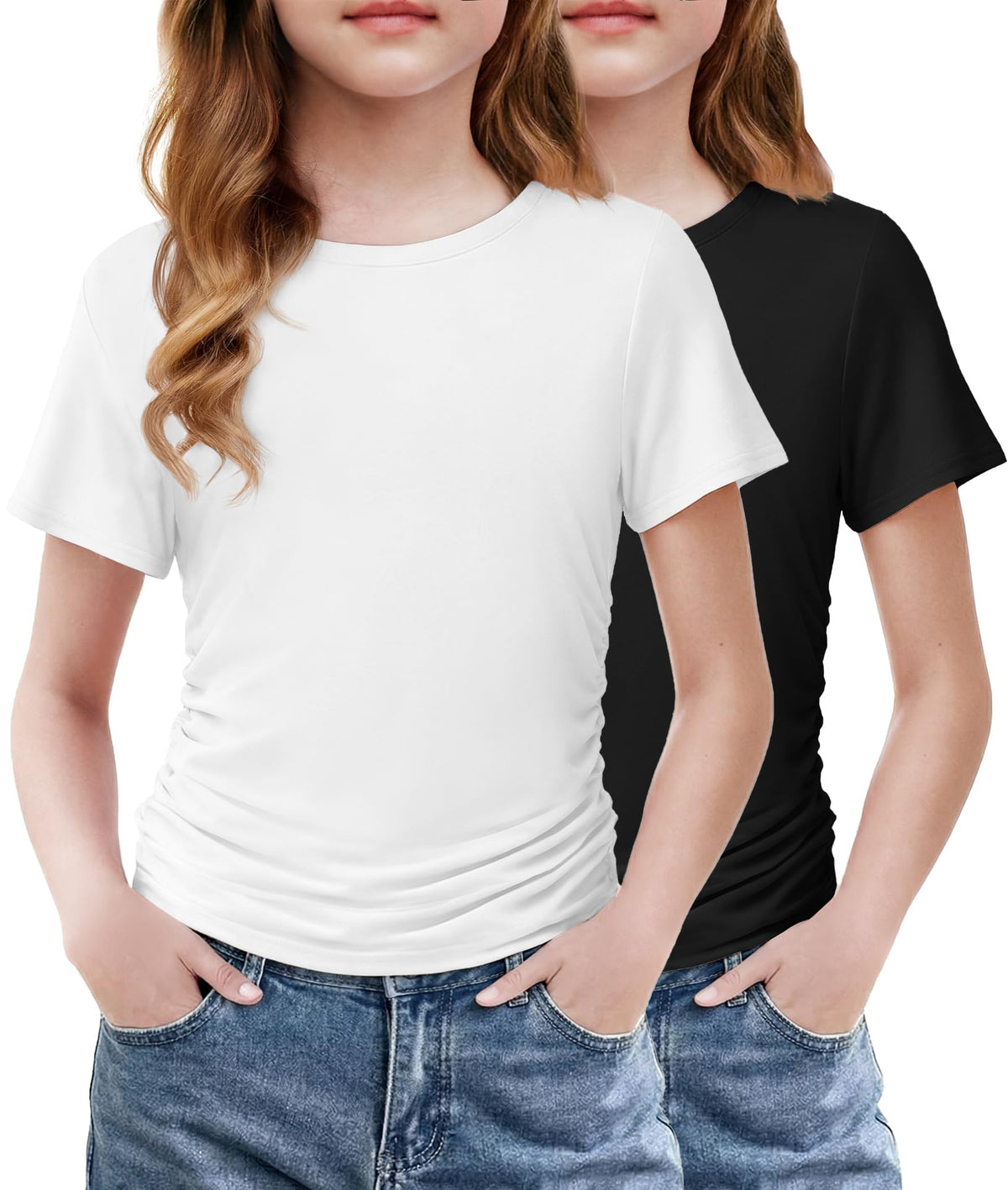 Arshiner Girls Shirts Side Ruched Short Sleeve Crewneck Tops Tee 5-12 Years