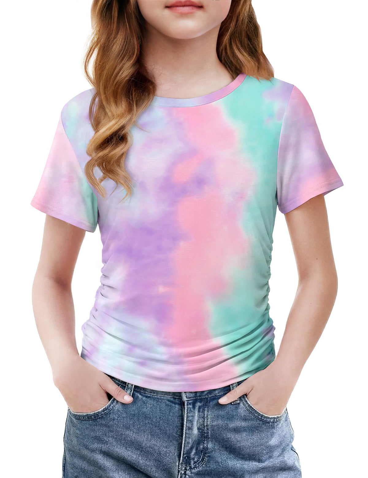 Arshiner Girls Shirts Side Ruched Short Sleeve Crewneck Tops Tee 5-12 Years